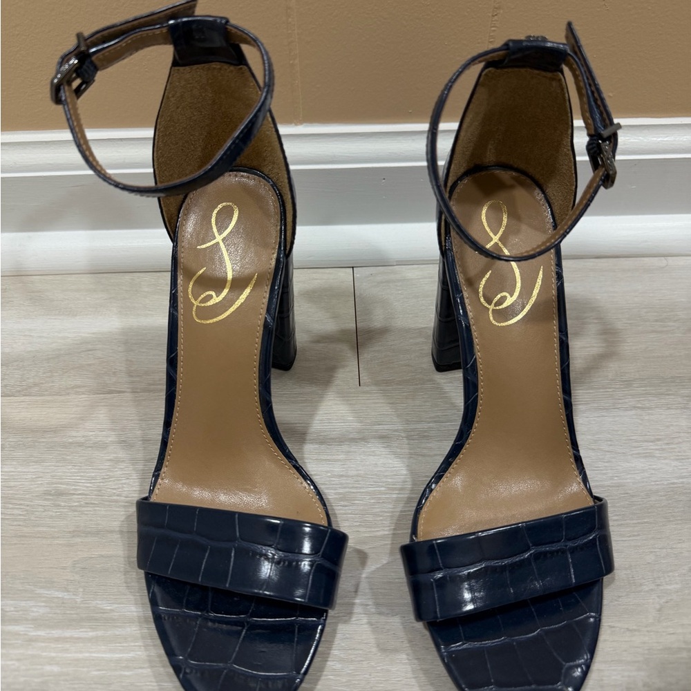 Sam Edelman Yaro Ankle Strap Navy Croc-Pattern Heels